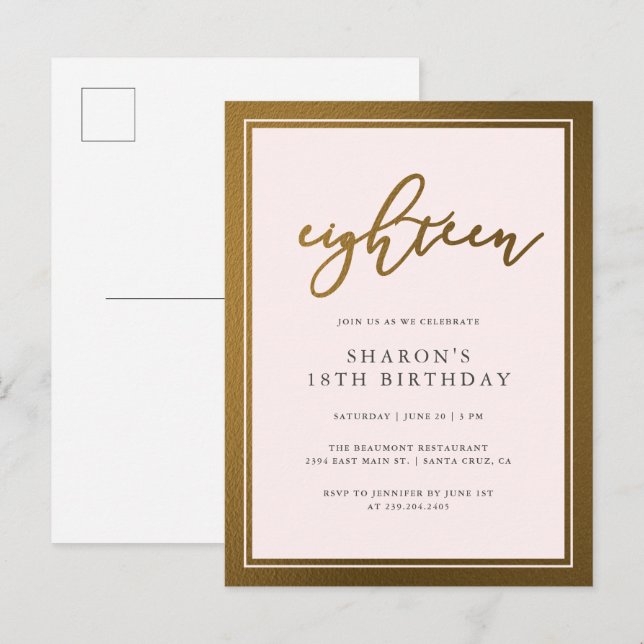 Invitation Carte Postale Elégante Gold & Pastel Rose 18e fête d'anniversair (Devant / Derrière)