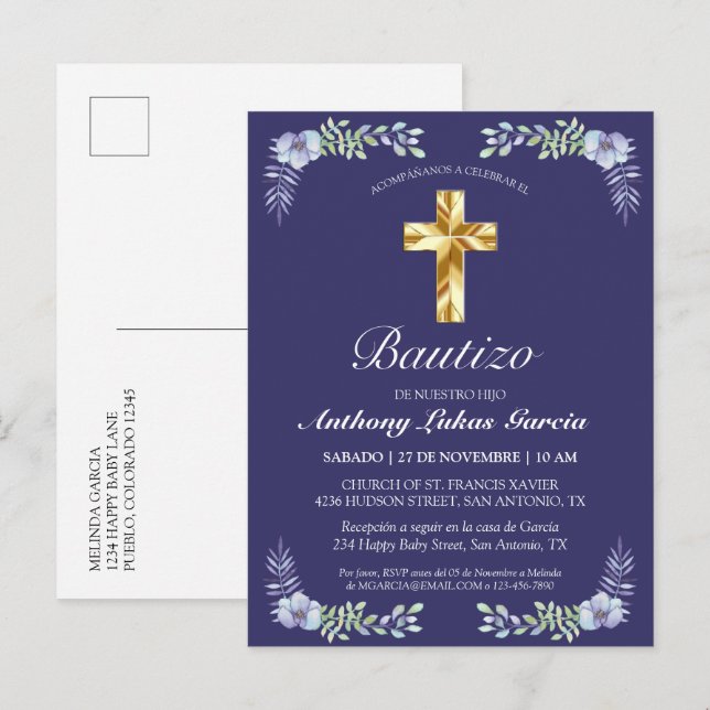 Invitation Carte Postale Elegante Lavanda Cruz De Oro Bautizo Bebé (Devant / Derrière)