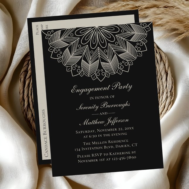 Invitation Carte Postale Élégante Mandala Indian Boho Black Engagement Part (Créateur téléchargé)