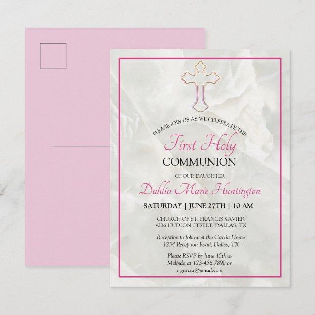 Invitation Carte Postale Élégante Marbre rose Filles Première Sainte Commun (Devant / Derrière)