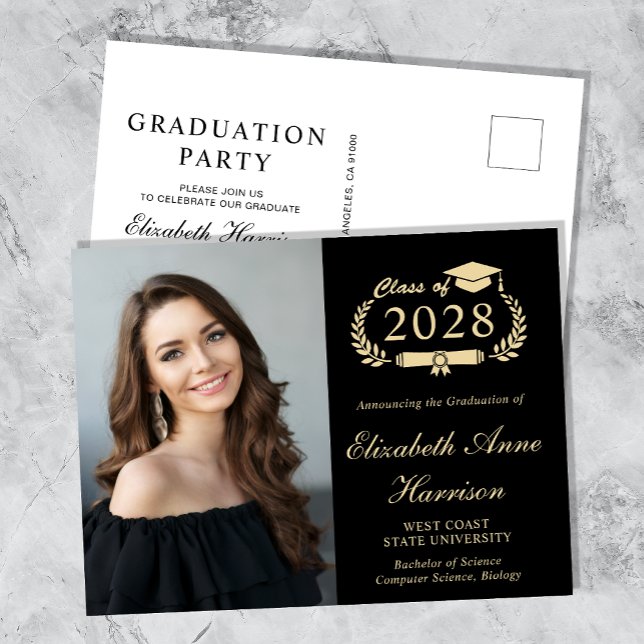 Invitation Carte Postale Élégante Photo Black Graduation Party (Créateur téléchargé)