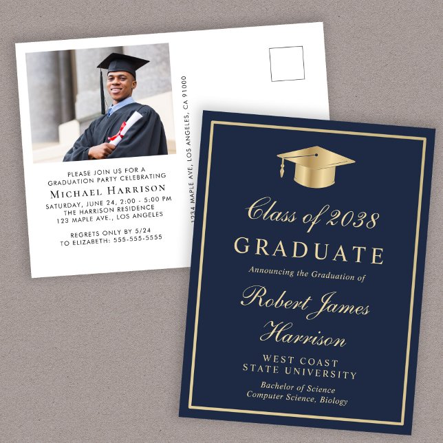 Invitation Carte Postale Élégante photo Blue Gold College Graduation Party (An elegant college graduation party invitation to celebrate the graduate's achievements)