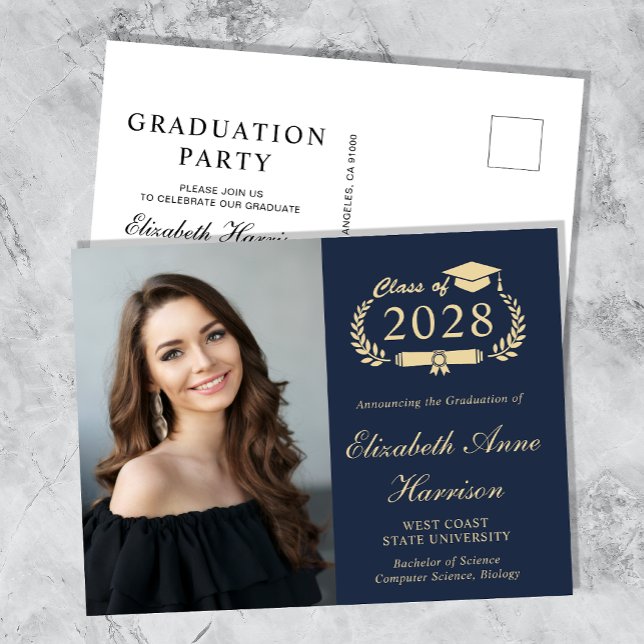Invitation Carte Postale Élégante Photo Blue Graduation Party (Créateur téléchargé)