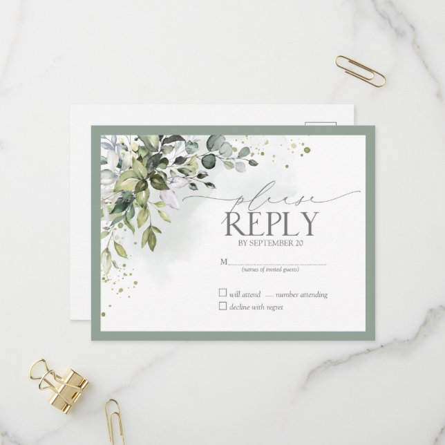 Invitation Carte Postale Elégante verdure botanique Aquarelle florale RSVP (Devant/Arrière en situation)