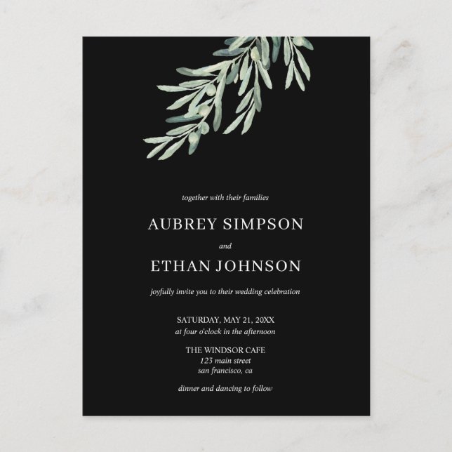 Invitation Carte Postale Élégante verdure Mariage d'olive (Devant)