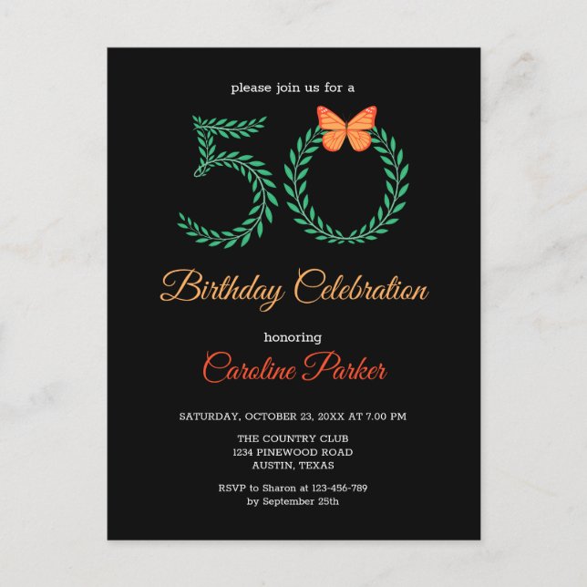 Invitation Carte Postale Elégante verdure papillon botanique 50e anniversai (Devant)