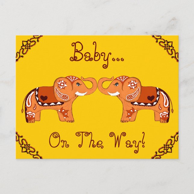 Invitation Carte Postale Eléphant au henné (orange/rouge) (Baby shower) (Devant)