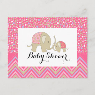 Invitation Carte Postale Eléphant de Bohême Rose et Baby shower Chevron