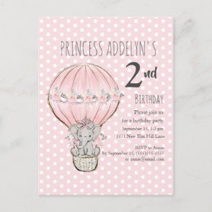 Invitation Carte Postale Éléphant Princesse Rose Ballon Points 2e Anniversa