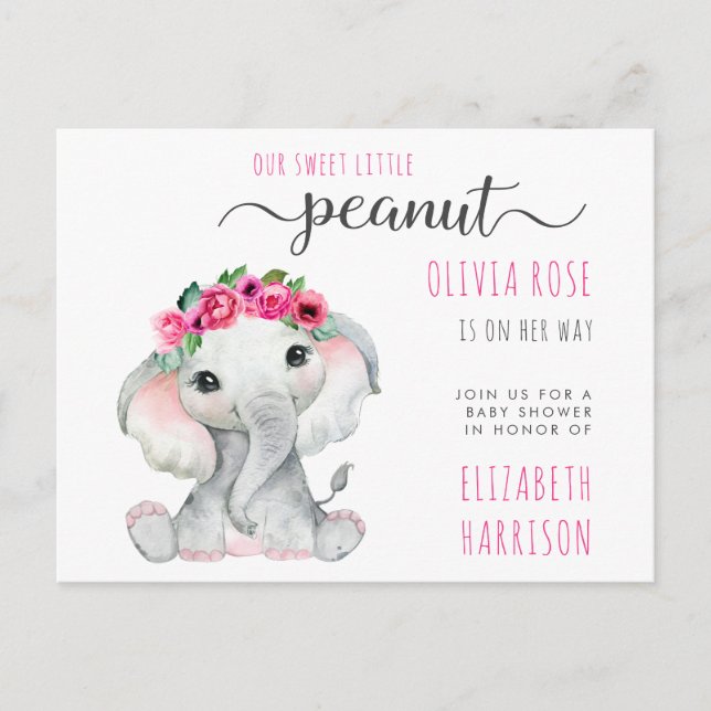 Invitation Carte Postale Eléphant rose Floral Baby Girl Douche (Devant)