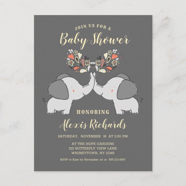 Invitation Carte Postale Eléphants gris Sexe Neutre Baby shower mignon (Devant)
