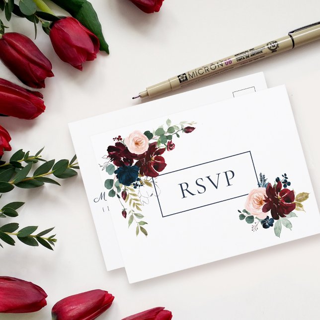 Invitation Carte Postale Embrasser le mariage floral RSVP | Bleu de la mari (Créateur téléchargé)