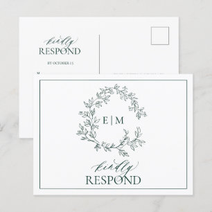 Invitation Carte Postale Emerald Green Leafy Crest Monogramme Mariage RSVP