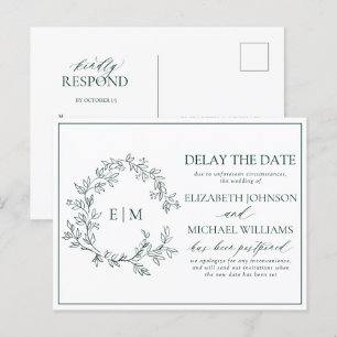Invitation Carte Postale Emerald Green Leafy Crest Monogramme Retard Date