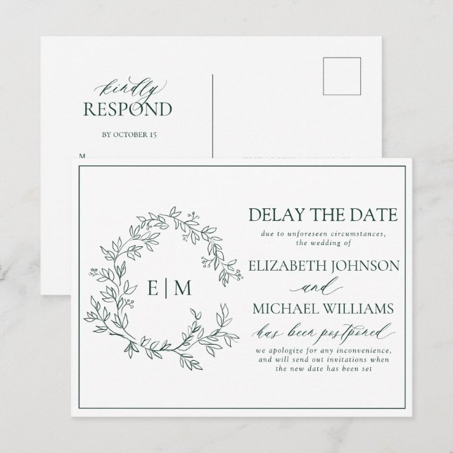 Invitation Carte Postale Emerald Green Leafy Crest Monogramme Retard Date (Devant / Derrière)