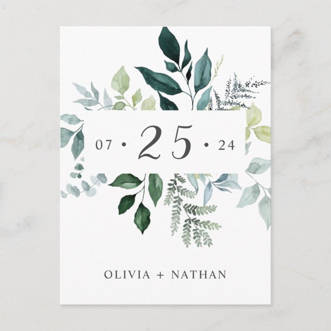 Invitation Carte Postale Emerald Greenery Feuilles rustiques Sauvez La Date (Devant)