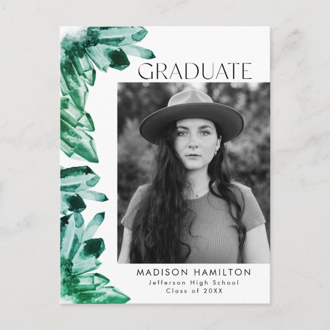 Invitation Carte Postale Emerald Watercolor Crystal Photo Graduation Party (Devant)
