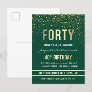 Invitation Carte Postale Émeraude Gold Confetti 40e fête d'anniversaire