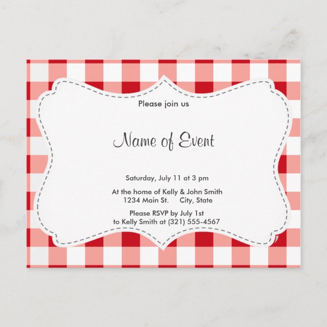 Invitation Carte Postale En vichy rouge (Devant)
