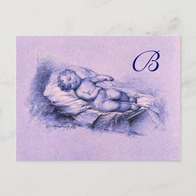 INVITATION CARTE POSTALE ENFANT DORMIER, BABY SHOWER BLEU ROSE MONOGRAMME (Devant)