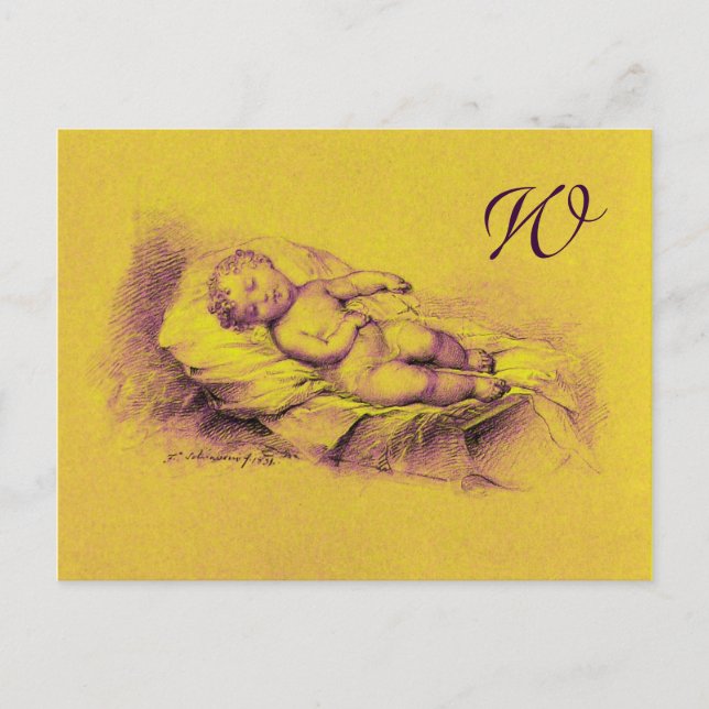 INVITATION CARTE POSTALE ENFANT DORMIER, BABY SHOWER JAUNE D'OR MONOGRAMME (Devant)