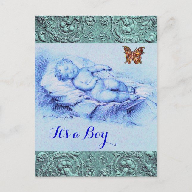 INVITATION CARTE POSTALE ENFANT DORMIER, BOUTEILLE, BABY SHOWER BLEU FLEURI (Devant)