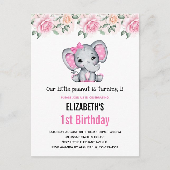 Invitation Carte Postale Enfant rose Eléphant et frontière Rose Anniversair (Devant)