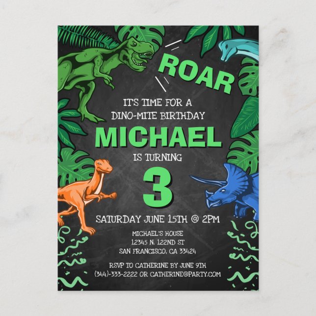 Invitation Carte Postale Enfants customisés Trois Dinosaures fête d'anniver (Devant)