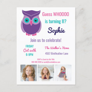 Invitation Carte Postale Enfants hibou fête d'anniversaire mignonne animal 