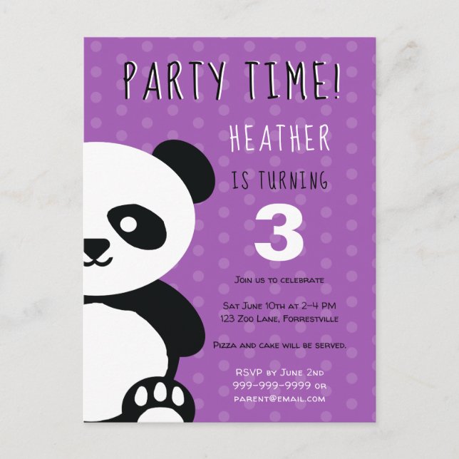 Invitation Carte Postale Enfants Personnalisés Panda Kawaii Violet Annivers (Devant)