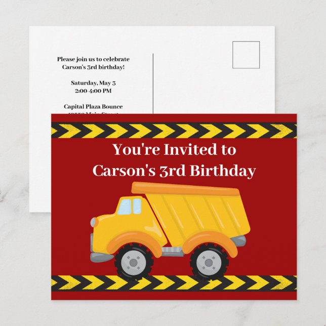 Invitation Carte Postale Enfants Red Dump Truck Boys fête d'anniversaire (Devant / Derrière)