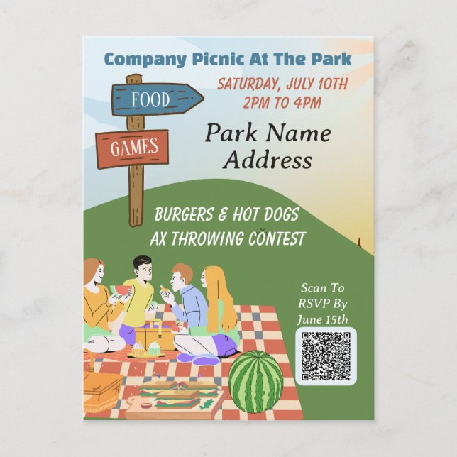 Invitation Carte Postale Entreprise Pique-nique Été Code QR Jeux alimentair (Devant)