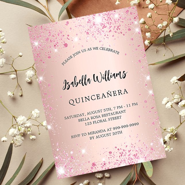 Invitation Carte Postale Étincelle rose de Quinceanera or rose (Créateur téléchargé)