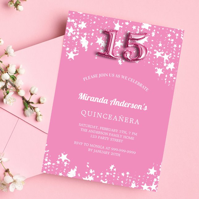 Invitation Carte Postale étoiles blanches roses de Quinceanera (Créateur téléchargé)