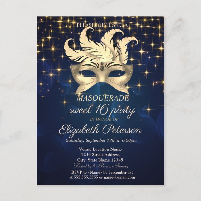Invitation Carte Postale Etoiles d'or, Masque, Marine Bleu Sweet 16 (Devant)
