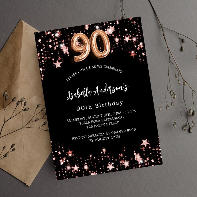 Invitation Carte Postale étoiles d'or rose noir 90e anniversaire (Créateur téléchargé)