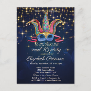 Invitation Carte Postale Étoiles dorées, Masque coloré, Douze ans bleu mari