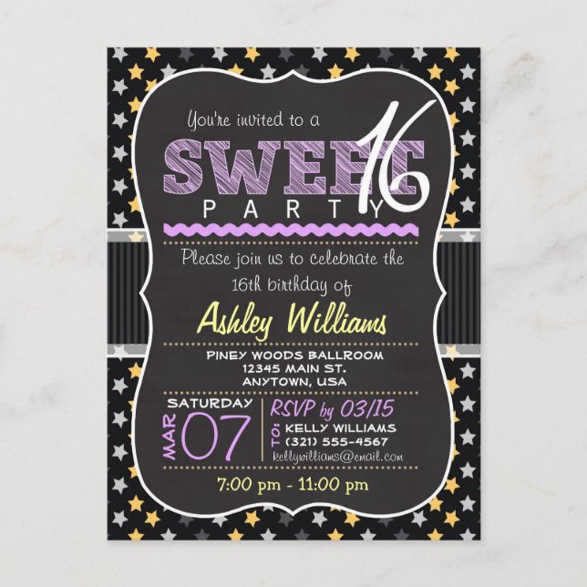 Invitation Carte Postale Étoiles Jaunes et violettes Sweet 16 Postcard Invi (Devant)