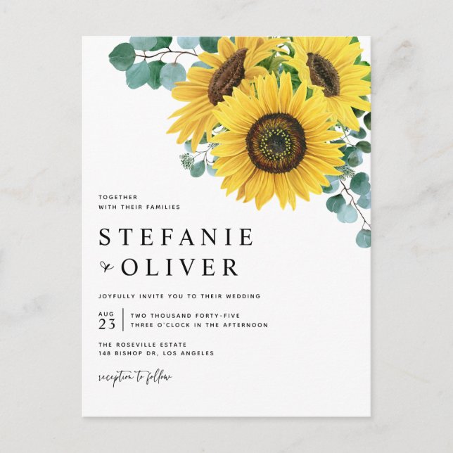 Invitation Carte Postale Eucalyptus aquarelle et Mariage de tournesols (Devant)