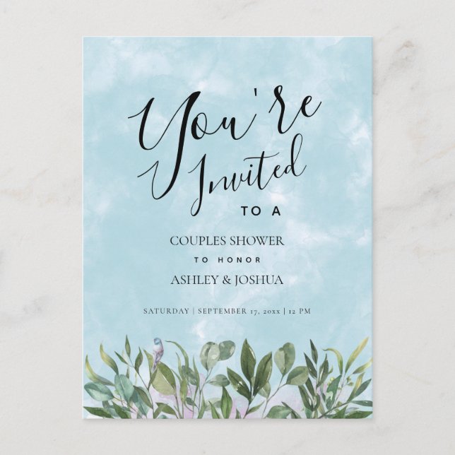 Invitation Carte Postale Eucalyptus Blue Aquarelle Couples Douche (Devant)