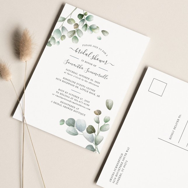 Invitation Carte Postale Eucalyptus Fête des mariées de script de feuillage (Créateur téléchargé)