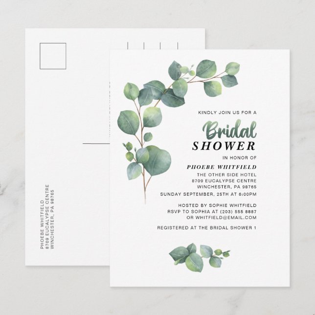 Invitation Carte Postale Eucalyptus Fête des mariées Verdure Succulent (Devant / Derrière)