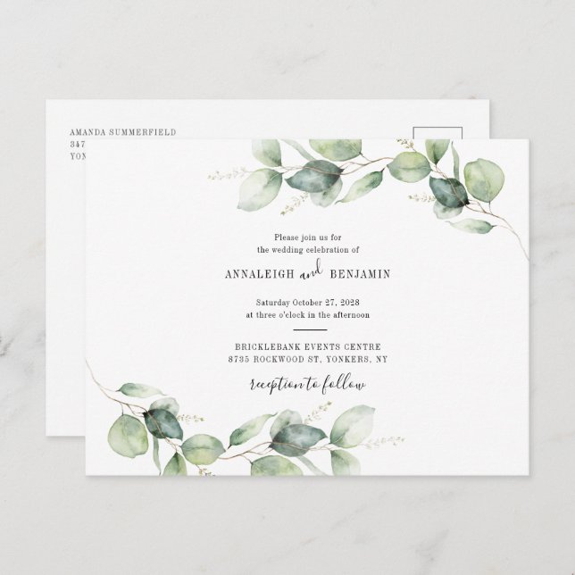 Invitation Carte Postale Eucalyptus Foliage Mariage rustique (Devant / Derrière)