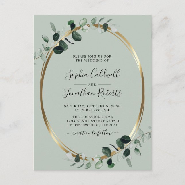 Invitation Carte Postale Eucalyptus Gold Sage QR Code RSVP Mariage (Devant)