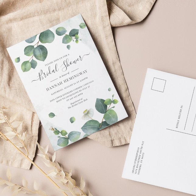 Invitation Carte Postale Eucalyptus Green Elégante Fête des mariées Bleue (Eucalyptus Botanical Bridal Shower Invitation Postcard)