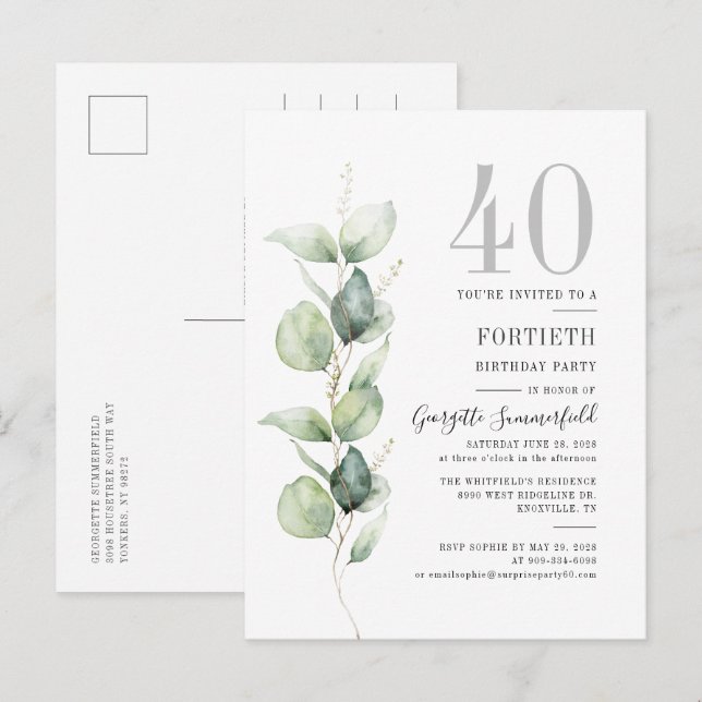 Invitation Carte Postale Eucalyptus Greenery 40e anniversaire Botanical Par (Devant / Derrière)