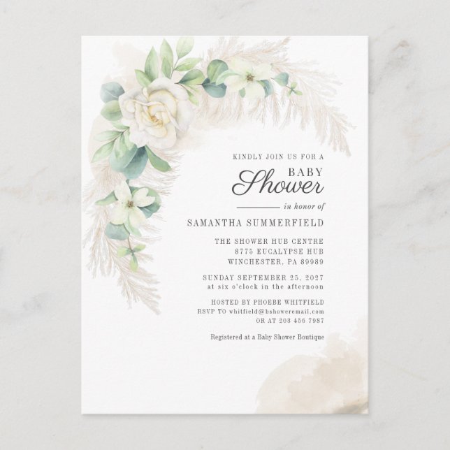 Invitation Carte Postale Eucalyptus Pampas Grass Green Girl Baby shower (Devant)