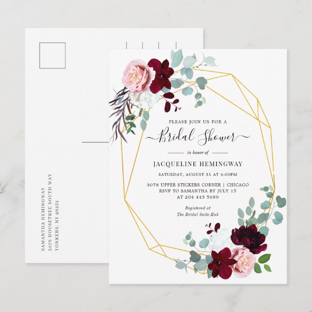 Invitation Carte Postale Eucalyptus Script Bourgogne Fête des mariées flora (Devant / Derrière)