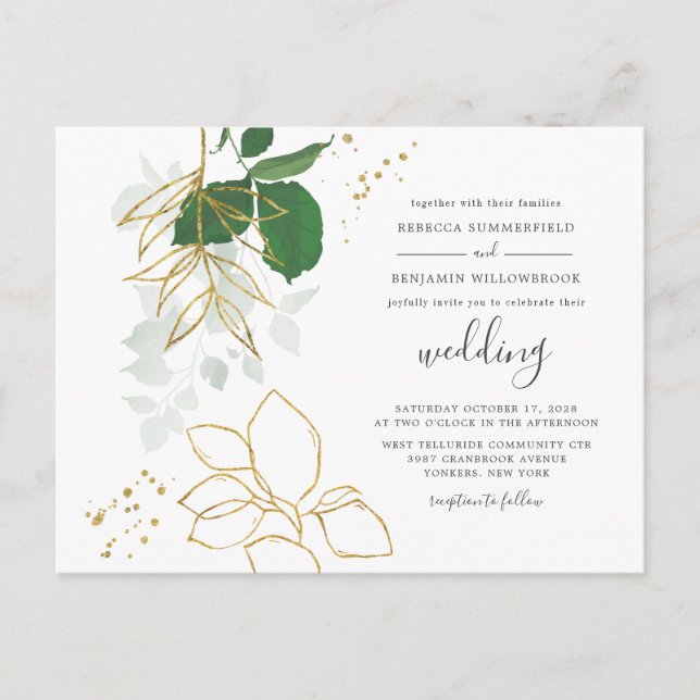 Invitation Carte Postale Eucalyptus Verdure Or Foliage Mariage géométrique (Devant)