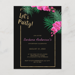 Invitation Carte Postale Faisons la fête Black Gold Tropical 40e anniversai